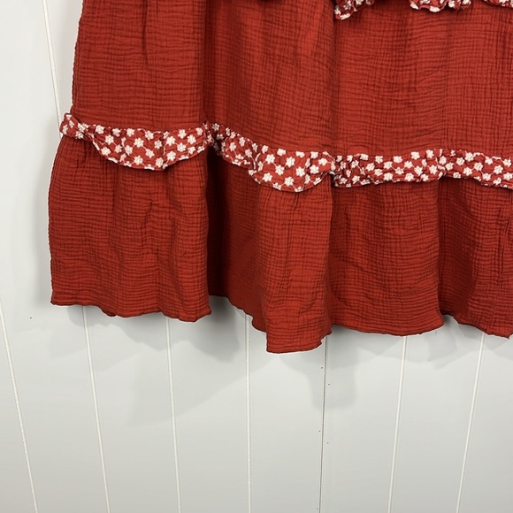 Alice Blue Womens Skirt L Burnt Orange White Floral Ruffles Waffle Texture Full - Picture 6 of 12